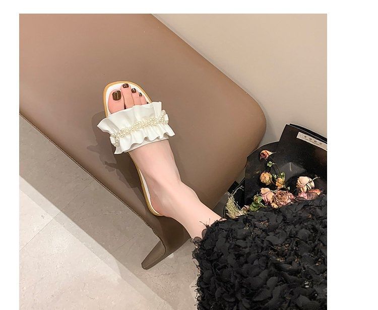 Faux Pearl Ruffle Slide Sandals
