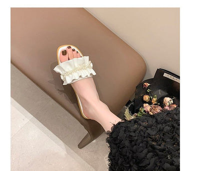 Faux Pearl Ruffle Slide Sandals