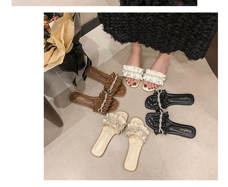 Faux Pearl Ruffle Slide Sandals