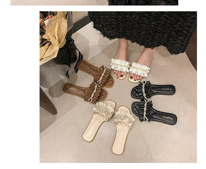 Faux Pearl Ruffle Slide Sandals