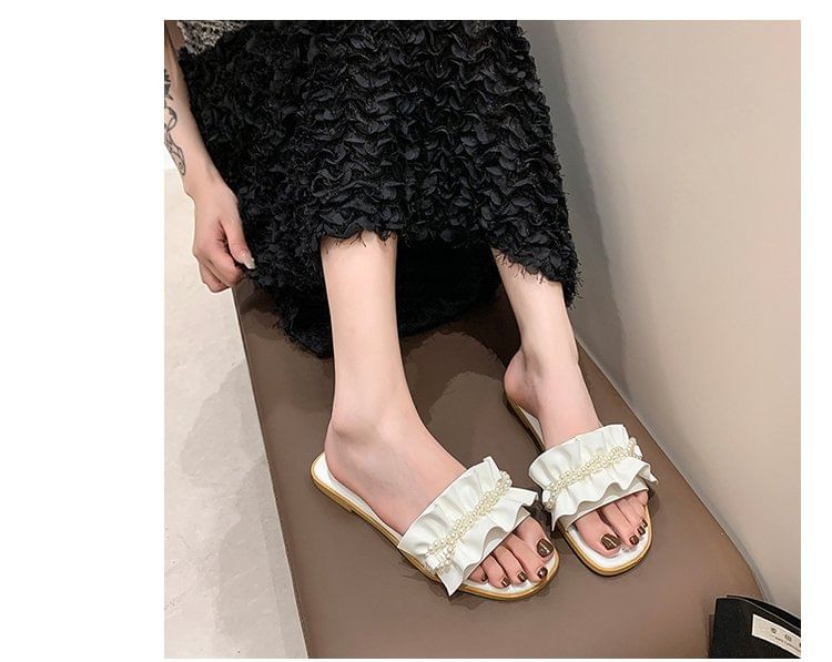 Faux Pearl Ruffle Slide Sandals