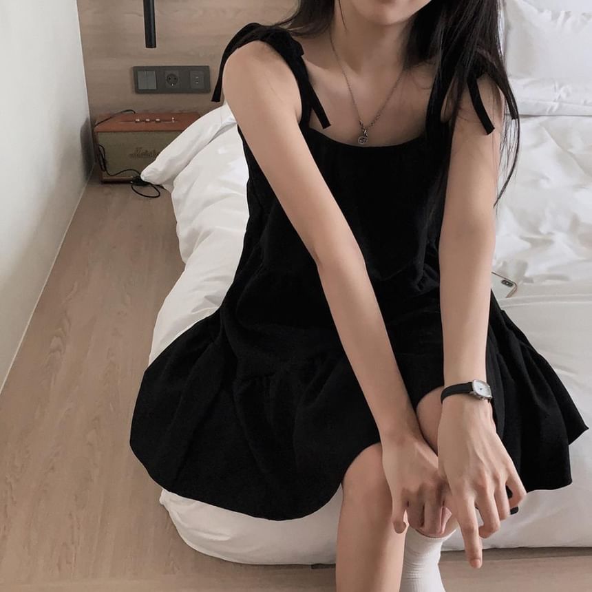 Tie Shoulder Plain Tiered Mini A-Line Dress