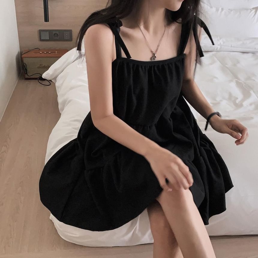 Tie Shoulder Plain Tiered Mini A-Line Dress
