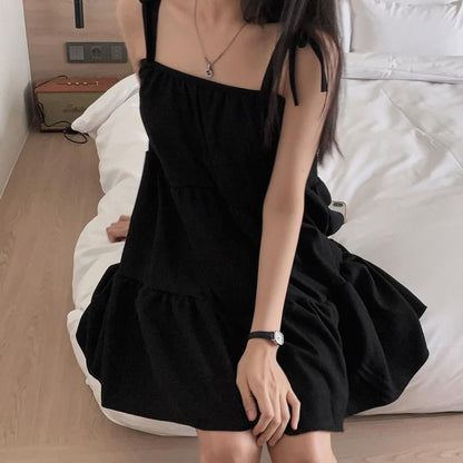 Tie Shoulder Plain Tiered Mini A-Line Dress
