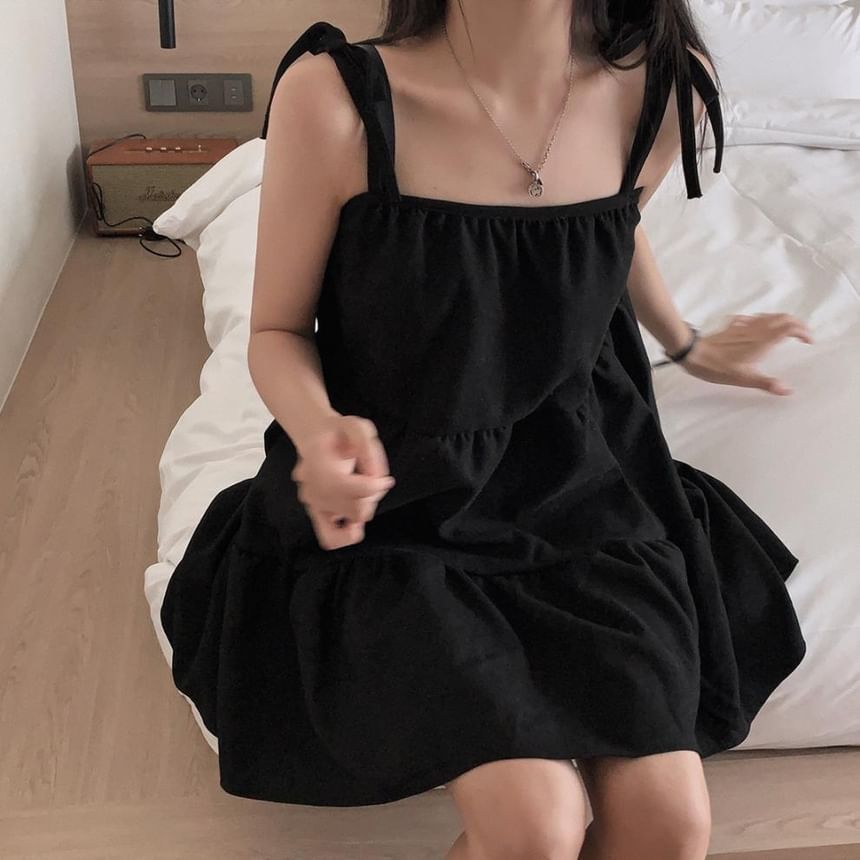 Tie Shoulder Plain Tiered Mini A-Line Dress