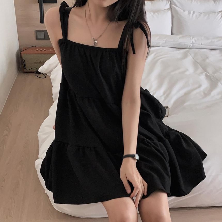 Tie Shoulder Plain Tiered Mini A-Line Dress
