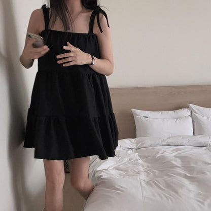Tie Shoulder Plain Tiered Mini A-Line Dress
