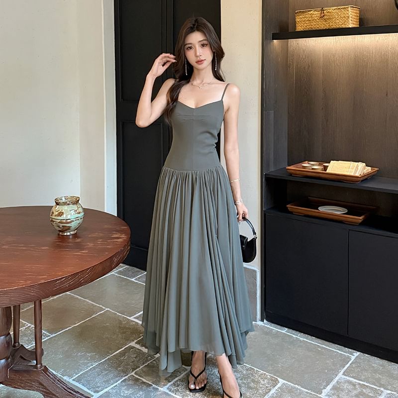 Spaghetti Strap V-Neck Plain Ruched Open Back Maxi A-Line Dress