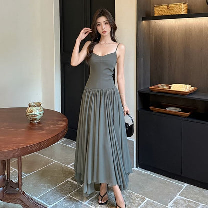 Spaghetti Strap V-Neck Plain Ruched Open Back Maxi A-Line Dress