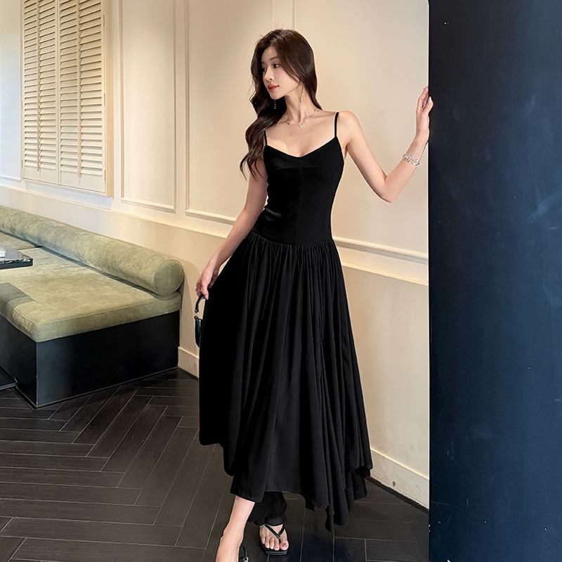 Spaghetti Strap V-Neck Plain Ruched Open Back Maxi A-Line Dress