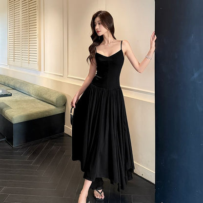 Spaghetti Strap V-Neck Plain Ruched Open Back Maxi A-Line Dress