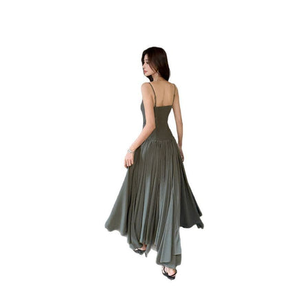 Spaghetti Strap V-Neck Plain Ruched Open Back Maxi A-Line Dress