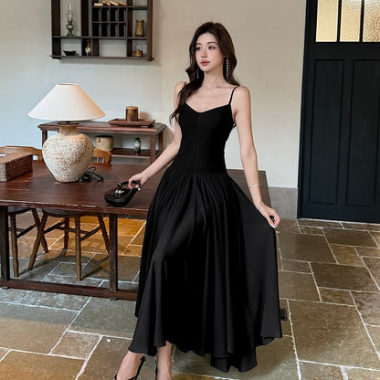 Spaghetti Strap V-Neck Plain Ruched Open Back Maxi A-Line Dress