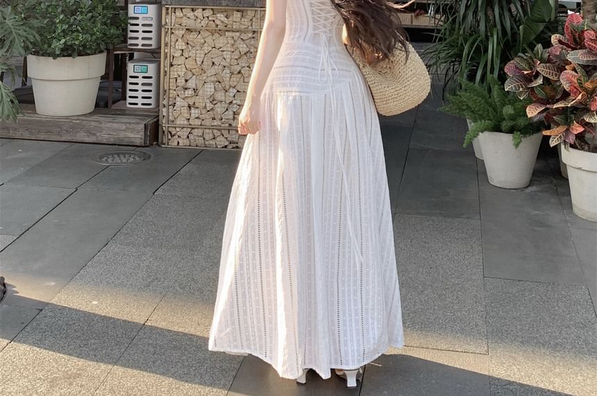 Spaghetti Strap V-Neck Striped Wrap Maxi A-Line Dress