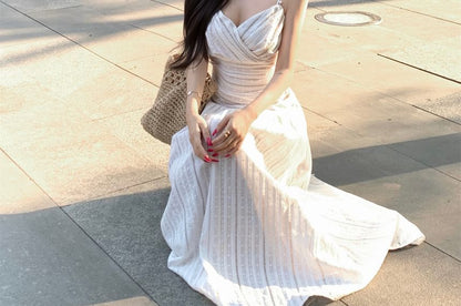 Spaghetti Strap V-Neck Striped Wrap Maxi A-Line Dress