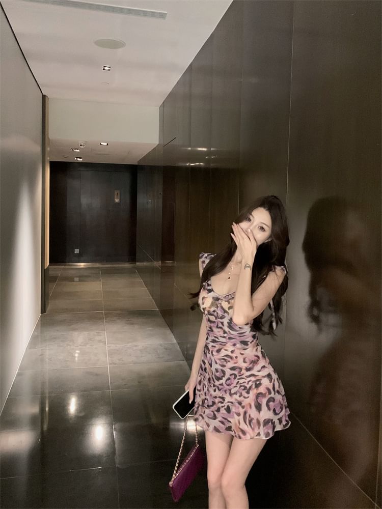 Spaghetti Strap V-Neck Leopard Print Mini A-Line Dress