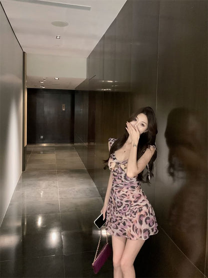 Spaghetti Strap V-Neck Leopard Print Mini A-Line Dress