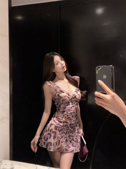 Spaghetti Strap V-Neck Leopard Print Mini A-Line Dress
