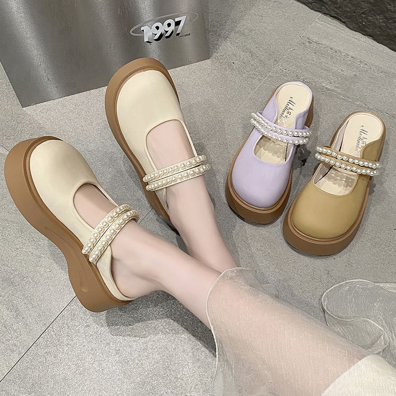 Platform Faux Pearl Accent Mary Jane Mules