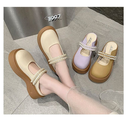 Platform Faux Pearl Accent Mary Jane Mules
