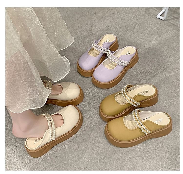 Platform Faux Pearl Accent Mary Jane Mules