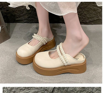 Platform Faux Pearl Accent Mary Jane Mules