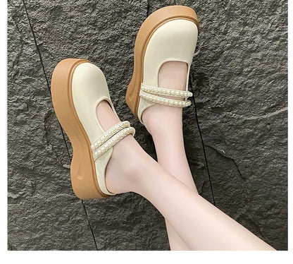 Platform Faux Pearl Accent Mary Jane Mules