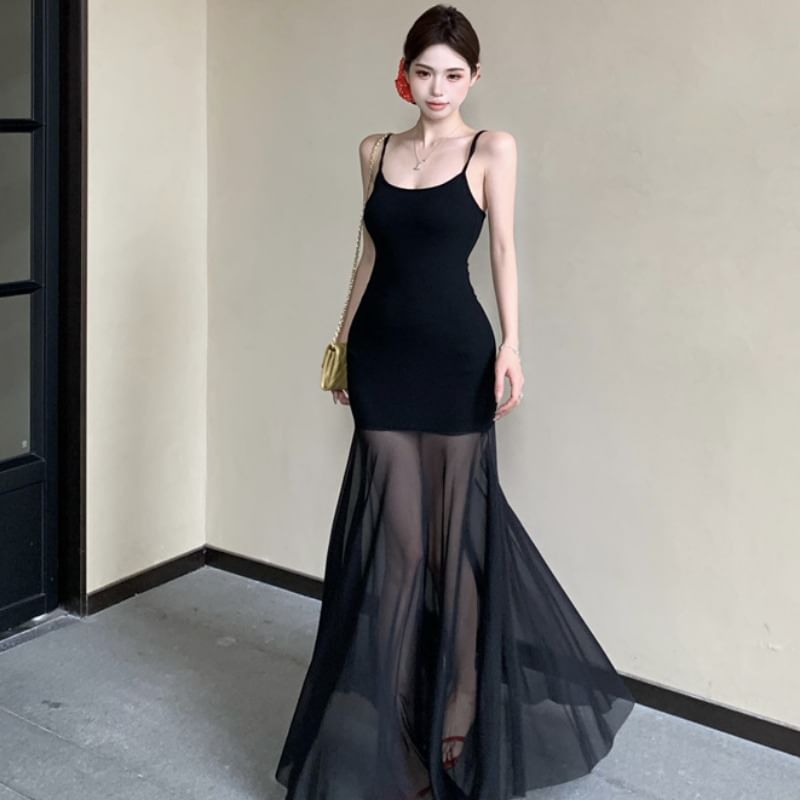 Spaghetti Strap Scoop Neck Plain Mesh Panel Maxi Mermaid Dress