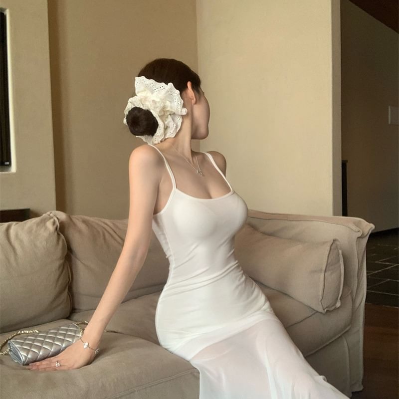 Spaghetti Strap Scoop Neck Plain Mesh Panel Maxi Mermaid Dress