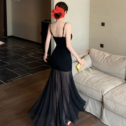 Spaghetti Strap Scoop Neck Plain Mesh Panel Maxi Mermaid Dress
