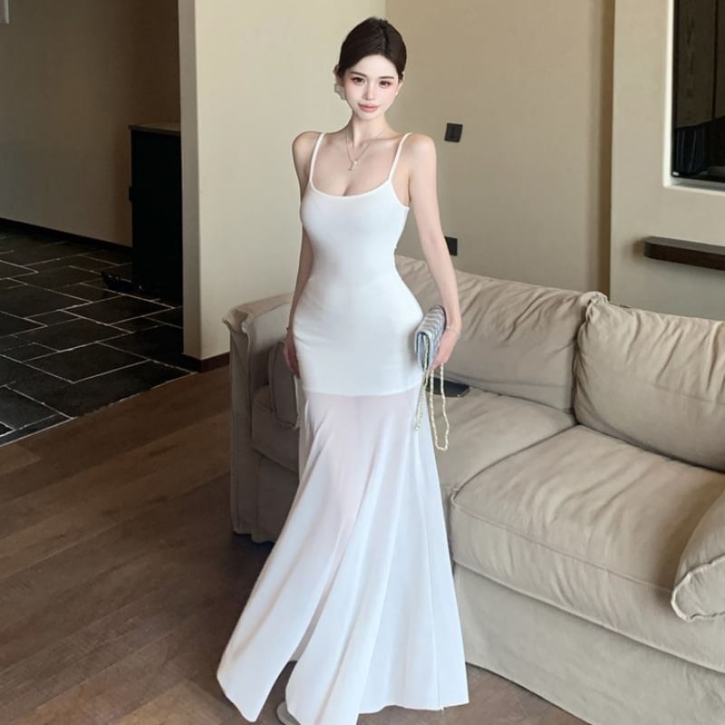 Spaghetti Strap Scoop Neck Plain Mesh Panel Maxi Mermaid Dress