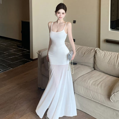 Spaghetti Strap Scoop Neck Plain Mesh Panel Maxi Mermaid Dress