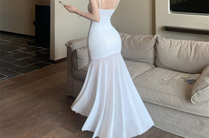Spaghetti Strap Scoop Neck Plain Mesh Panel Maxi Mermaid Dress