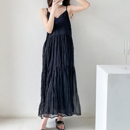 Spaghetti Strap V-Neck Plain Crinkle Panel Maxi A-Line Dress