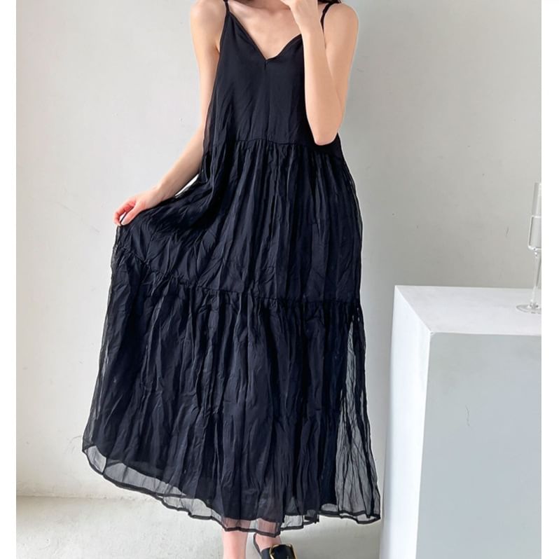 Spaghetti Strap V-Neck Plain Crinkle Panel Maxi A-Line Dress