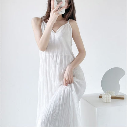 Spaghetti Strap V-Neck Plain Crinkle Panel Maxi A-Line Dress