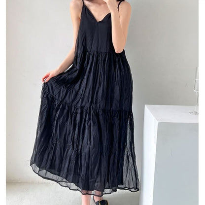 Spaghetti Strap V-Neck Plain Crinkle Panel Maxi A-Line Dress