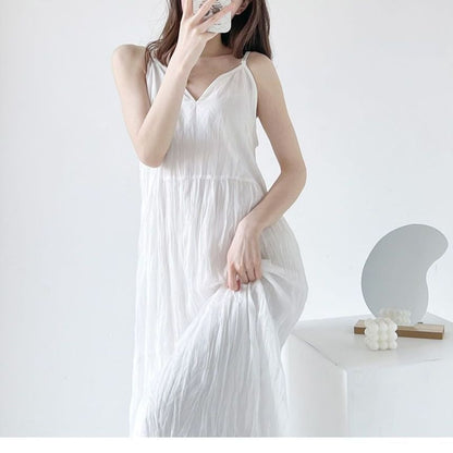 Spaghetti Strap V-Neck Plain Crinkle Panel Maxi A-Line Dress