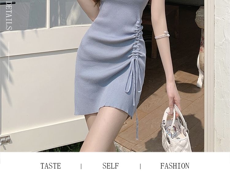 Spaghetti Strap Plain Drawstring Mini A-Line Dress
