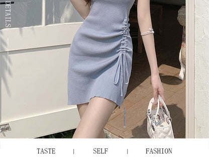 Spaghetti Strap Plain Drawstring Mini A-Line Dress