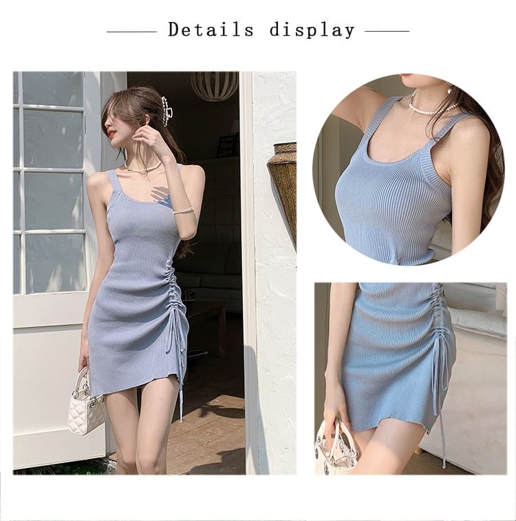 Spaghetti Strap Plain Drawstring Mini A-Line Dress