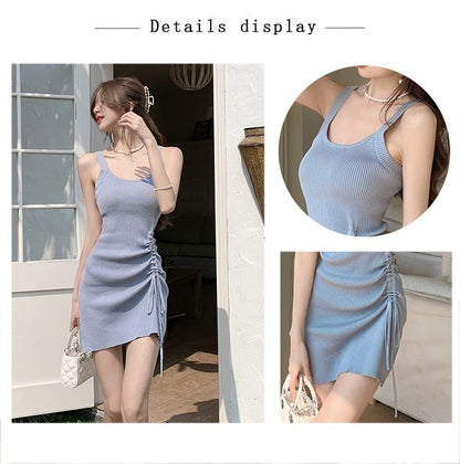 Spaghetti Strap Plain Drawstring Mini A-Line Dress
