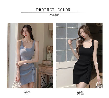 Spaghetti Strap Plain Drawstring Mini A-Line Dress