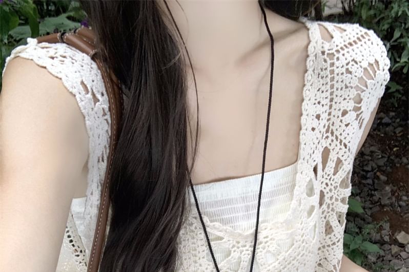 Spaghetti Strap Plain Midi A-Line Dress / Crochet Lace Tank Top / Set