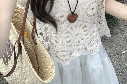 Spaghetti Strap Plain Midi A-Line Dress / Crochet Lace Tank Top / Set