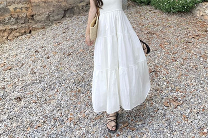 Spaghetti Strap Plain Midi A-Line Dress / Crochet Lace Tank Top / Set