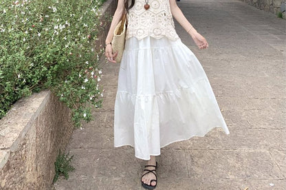 Spaghetti Strap Plain Midi A-Line Dress / Crochet Lace Tank Top / Set