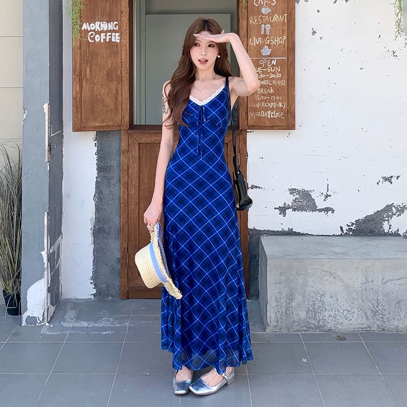 Spaghetti Strap Plaid Lace Trim Midi A-Line Dress