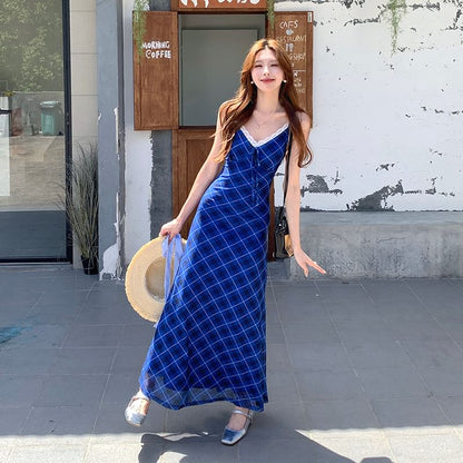 Spaghetti Strap Plaid Lace Trim Midi A-Line Dress