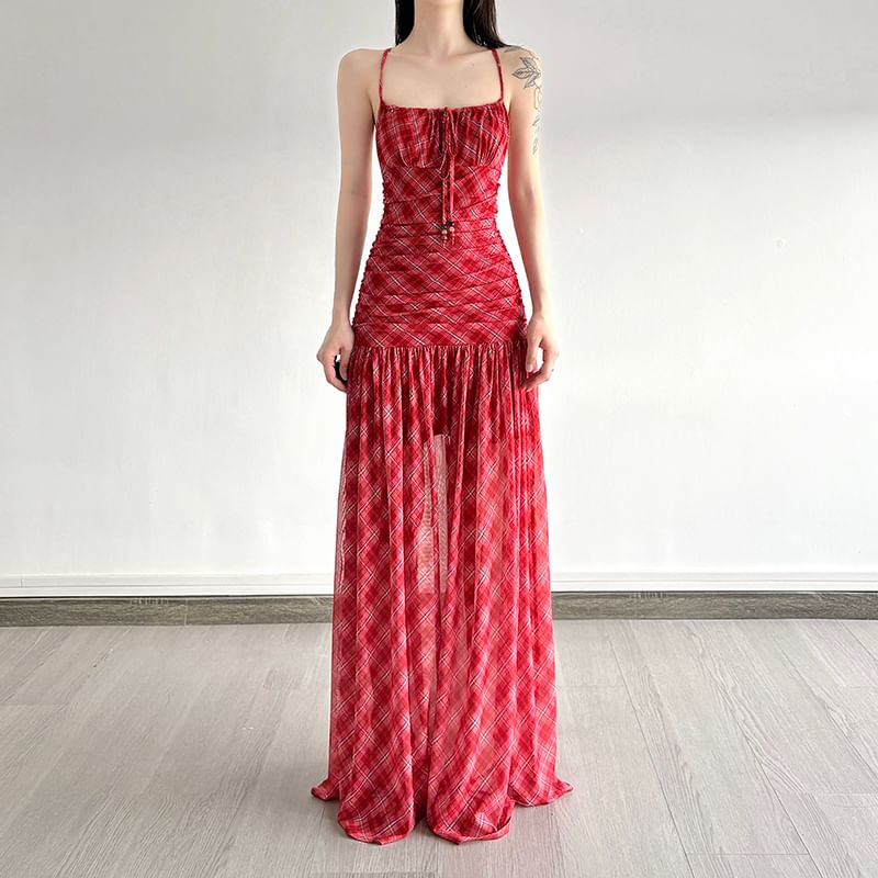 Spaghetti Strap Plaid Ruched Mesh Maxi A-Line Dress